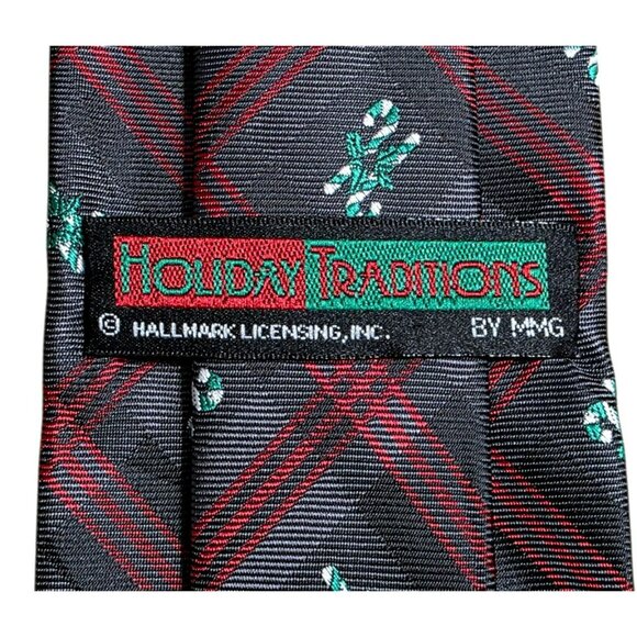 VTG Plaid Candy Cane Neck Tie Gray Red Tartan Christmas Holiday Party Hallmark - Picture 4 of 7